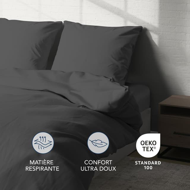 Detalle de Dreamzie parure de lit 160 x 200 4 pièces (housse de couette 240 x 220 + drap housse 160 x 200 + 2 taies 65 x 65) en microfibre Oeko-Tex