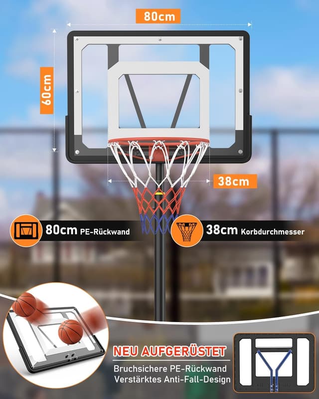 Detalle 2 de Outdoor Basketballkorb für Kinder & Jugendliche, 150–210 cm höhenverstellbar mit bruchsicherer 80×60 cm Rückwand