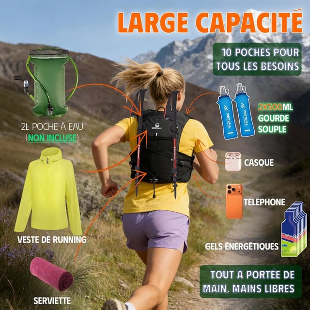 Detalle de ONETOALL Gilet d’hydratation réfléchissant avec 2 gourdes pliables 500 ml