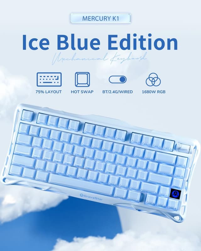 Detalle de GravaStar Mercury K1 75% Gaming-Tastatur (Aluminium, Hot-Swap, Lineare Schalter) – Eisblau