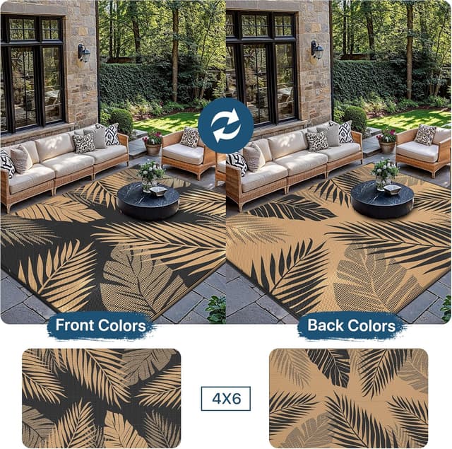 Detalle de GENIMO Outdoor Teppich Wetterfest 120x180 cm (Schwarz & Braun) – wendbar, waschbar für Balkon, Terrasse & Wohnmobil