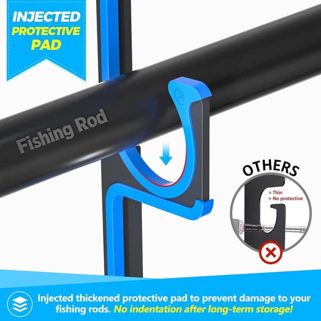 Detalle de PLUSINNO H5 Horizontal Fishing Rod Holders for Garage (Wall/Ceiling Mounted, Up to 5/10/20 Rod Storage)