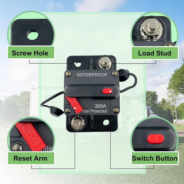 Detalle de SPTSSWET 12V–48V car audio waterproof circuit breaker 200A – manual reset inline fuse protection switch