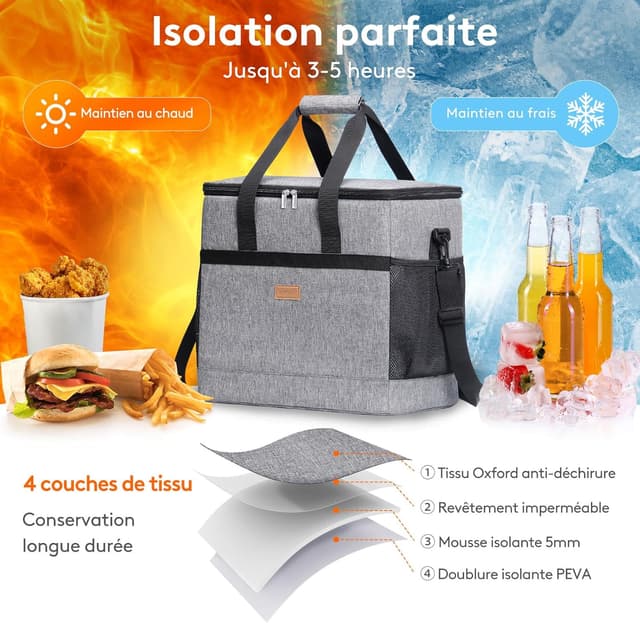 Detalle de Lifewit Sac isotherme 40L : grand sac souple pour pique-nique, camping et plage (gris)