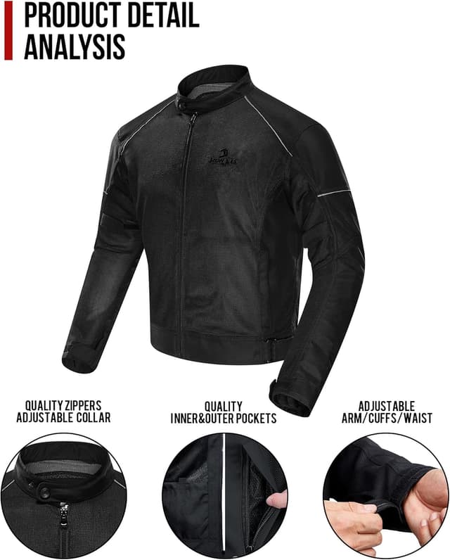 Detalle de IRON JIA’S Giacca da moto estiva da uomo con protezioni certificate CE e mesh traspirante (nera)