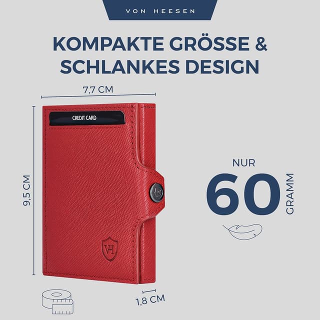 Detalle de VON HEESEN Slim Wallet Rot Saffiano – RFID-geschütztes Slim-Format