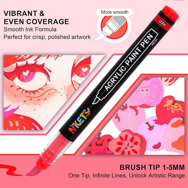 Detalle de NICETY 32-Colour Acrylic Paint Pens with 1–5mm Brush Tips (Red)