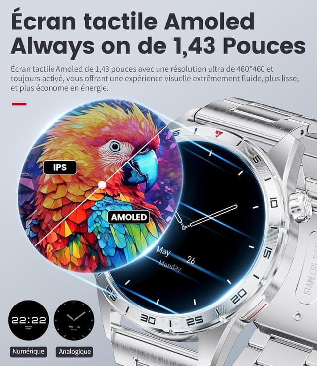 Detalle de Montre connectée homme FITFLEX : écran AMOLED 1,43" HD, appels Bluetooth et suivi santé (IP68)