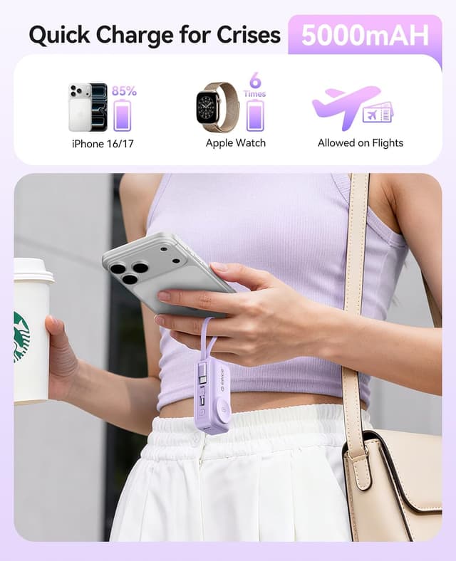 Detalle de ORICO Mini Power Bank 5000 mAh (PD 22,5 W) avec USB-C pliable et câble intégré, violet