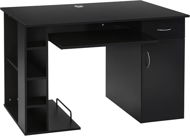 Detalle de HOMCOM Bureau informatique 120 x 60 cm avec multi-rangements, étagère et tiroir — noir