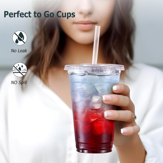 Detalle de AOZITA 100 Pack 24 oz Clear Plastic Cups with Lids and Straws (Leak-Proof Iced Coffee Cups)