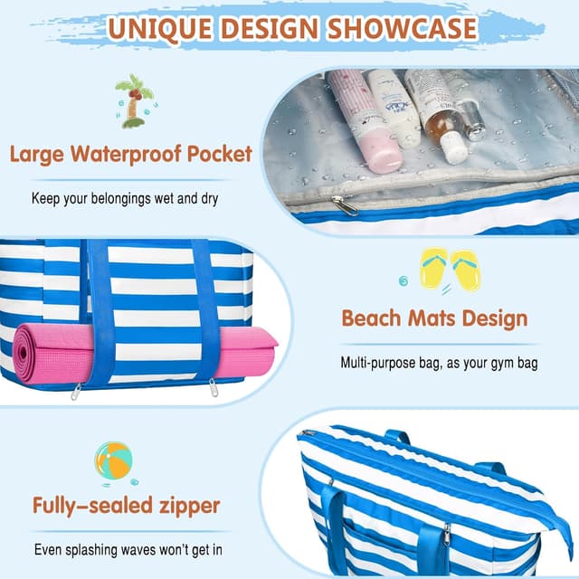 Detalle 2 de KTUEOV sac de plage femme XXL 45 L pliable imperméable, avec fermetures et poches