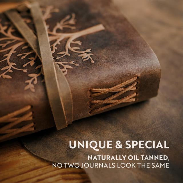 Detalle de moonster® Diario in Pelle Vintage Albero della Vita: 240 pagine bianche in carta di cotone, rilegato a mano