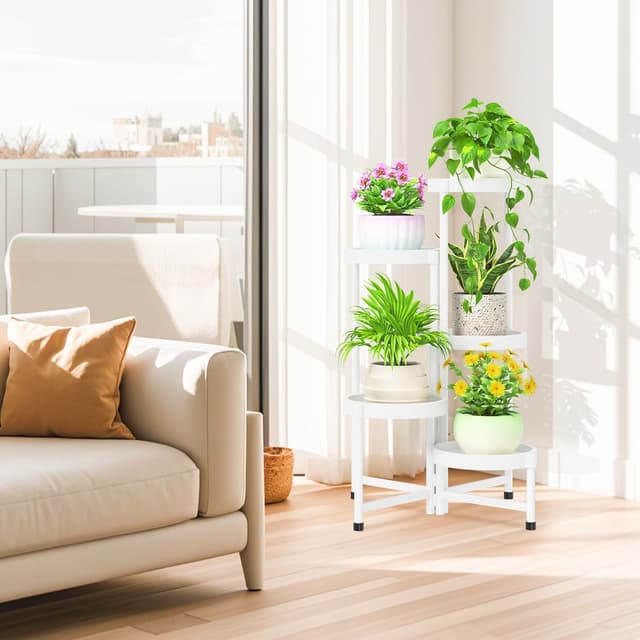 Thumbnail 6 de iDavosic.ly Pflanzenständer Metall & Kunststoff mit 5 Ebenen (weiß) – Blumenregal für Balkon, Terrasse & Wohnzimmer