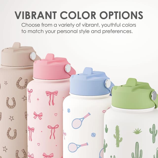 Detalle de Tennis 32oz Stainless Steel Water Bottle with Lid & Straw — Insulated Sport Bottle for Gym, School, and Days Out