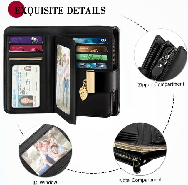 Detalle de Faneam Damen-Geldbörse aus Kalbsleder mit RFID-Schutz, Reißverschluss-Münzfach und Platz für 14 Karten