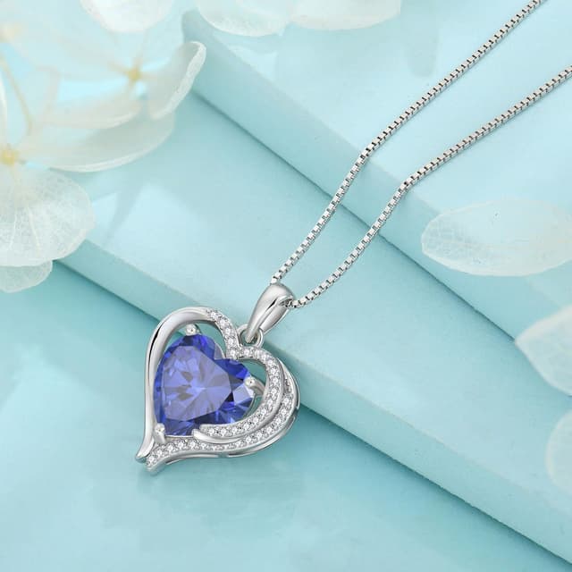 Detalle de FJ Herz-Kette Damen 925 Sterling Silber mit Engelsflügeln & Zirkonia – Geburtsstein Halskette für Mama, Freundin