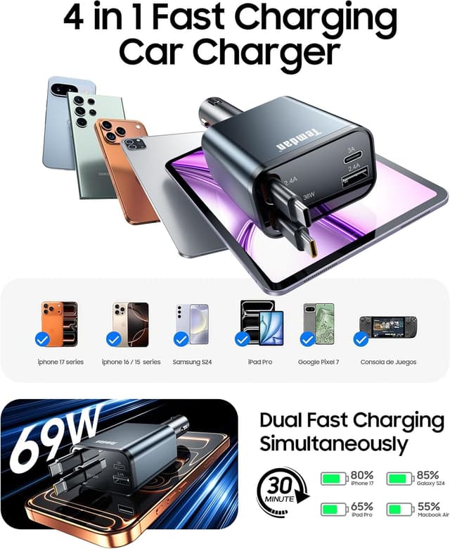 Detalle 2 de Temdan 69W Retractable Car Charger 4‑Port