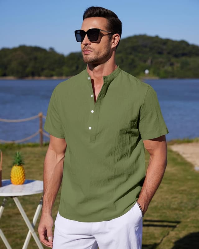 Detalle 2 de YAOBAOLE Chemise en lin homme à manches courtes col Mao (style Henley) pour l’été