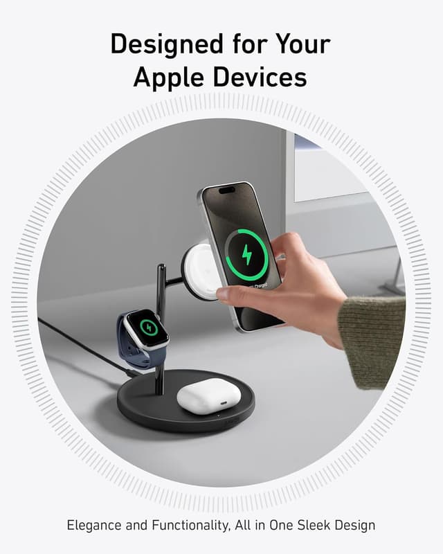 Detalle 2 de Anker 3-in-1 Wireless Charging Station (MagSafe & Qi2) with 15W Stand for iPhone, AirPods & Apple Watch