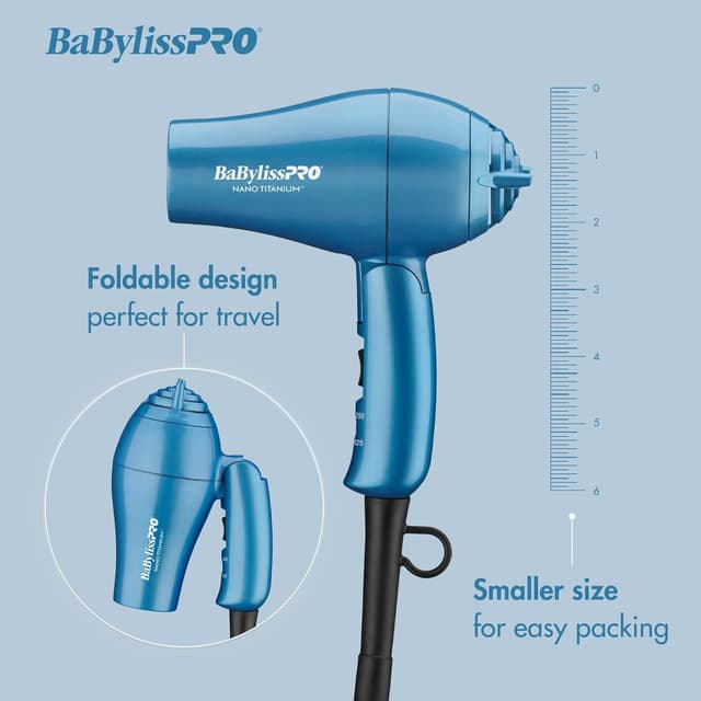Detalle 2 de BaBylissPRO Nano Titanium Travel Hair Dryer (1000W) with Concentrator Nozzle, Foldable Handle, Dual Voltage