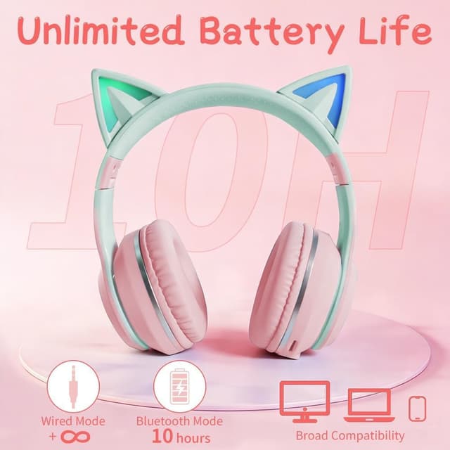 Detalle 1 de Caijin Kids Bluetooth Headphones with LED cat ears (Pink) – safe 85dB volume limit, wireless or wired