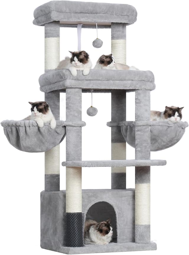 Detalle de Hey-brother Arbre à chat MPJ070W pour Maine Coon : 2 plateformes, 2 hamacs et brosse de toilettage