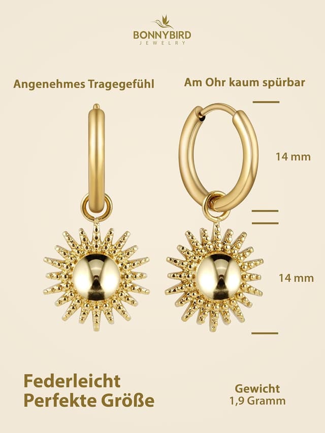 Detalle de BONNYBIRD BonnySun Wasserfeste Creolen aus Edelstahl (14 mm) in Silber, Gold & Roségold – sonnige Anhänger