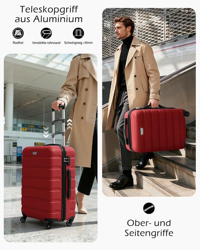 Detalle de COOLIFE 3-teiliges Kofferset für Familienreisen (ABS+PC, Hartschale) mit 360° Spinner & TSA-Zahlenschloss – M + L + XL, Rot