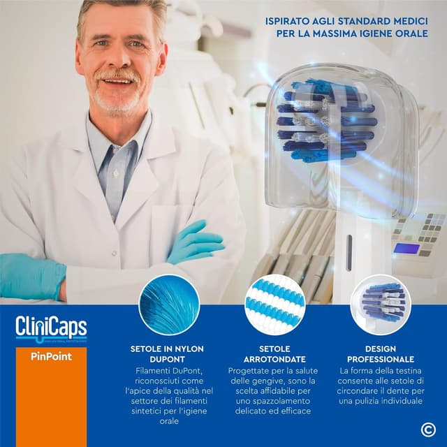 Detalle 2 de 16 testine spazzolino elettrico CliniCaps PinPoint (compatibile Oral-B) con bustina asettica e cappuccio protettivo