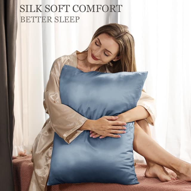 Detalle de Adubor 100% Seidenkissenbezug 40x80 cm (23 Momme, 2 Stück) mit verstecktem YKK-Reißverschluss – Graublau