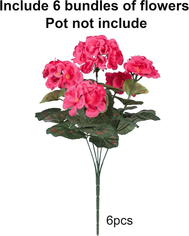 Detalle 2 de HyeFlora Artificial Geranium Fake Flowers for Outdoors Decoration (6 Bundles) — UV Resistant Silk, Hot Pink