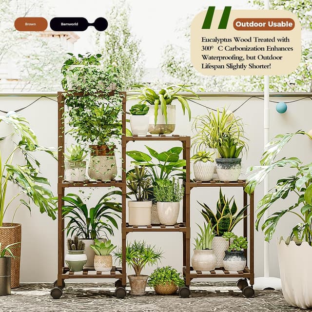 Detalle 2 de Bamworld plant stand with wheels — 3-tier wooden ladder shelf for indoor and outdoor pots