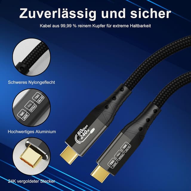 Detalle 2 de ZIKNYDO USB4 (Thunderbolt 5) Kabel mit 80 Gbit/s und 240 W PD 3.1 – für Dock, SSD, MacBook & eGPU