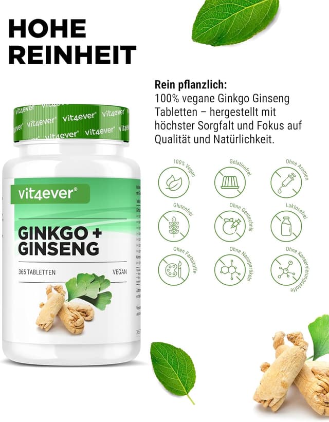 Detalle de vit4ever Ginkgo + Ginseng - 365 Tabletten - Spezial Extrakt - Hochdosiert - Laborgeprüft - Ginkgo Biloba + Koreanischer Ginseng - Premium Qualität - Vegan
vit4ever Ginkgo + Ginseng - 365 Tabletten - Spezial Ex…