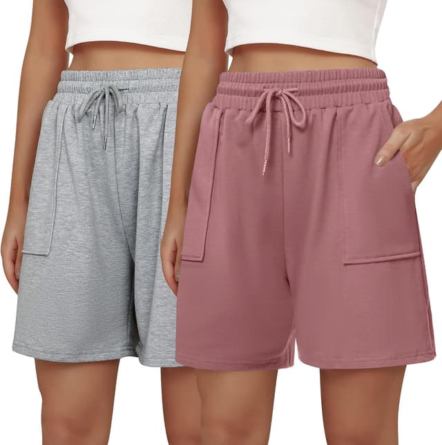 Detalle 2 de Cowasto Women’s Cotton Sweat Shorts with Drawstring Waist, Pockets & 7" Inseam
