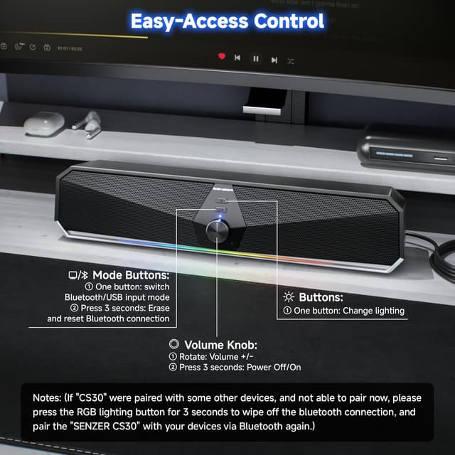 Thumbnail 6 de Senzer CS30 Bluetooth speaker bar for PC