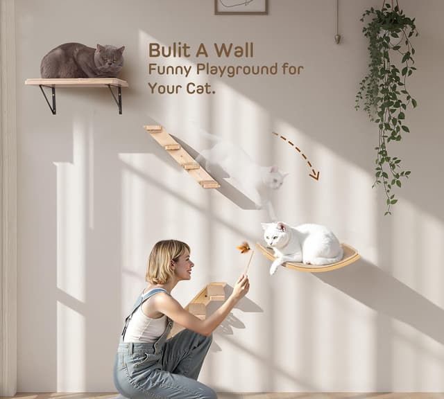 Detalle 2 de Wall-mounted cat climbing set with shelves, sisal scratching mat and multi-step ladder