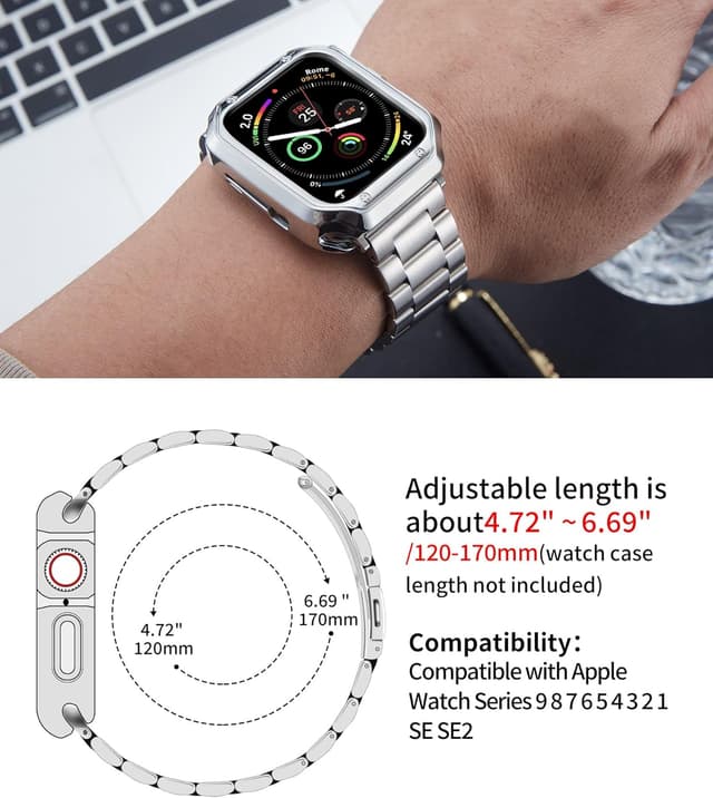 Detalle de Bracelet BINLUN en acier inoxydable avec boîtier TPU pour Apple Watch (38/40/41/42/44/45/46/49 mm) et séries 1 à 11, Ultra, SE