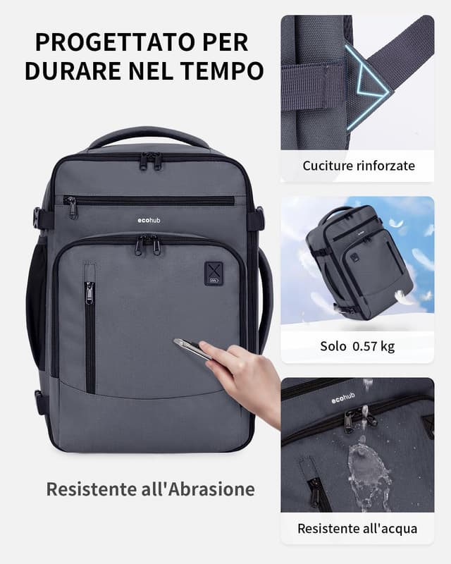 Detalle de ECOHUB Zaino Ryanair 40x20x25 Bagaglio a Mano da 20 L in PET riciclato (zaino grigio)