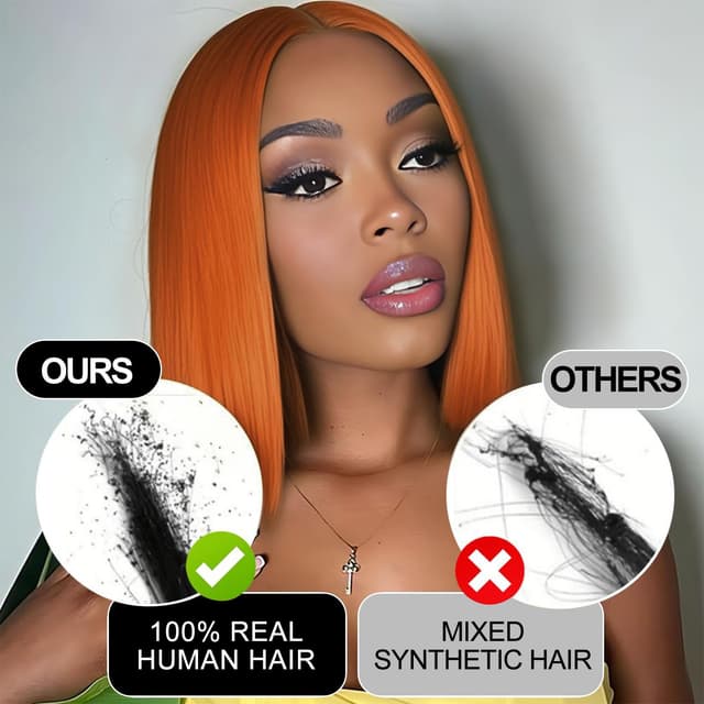 Detalle 2 de FFEGG Ginger Orange Bob Wig (13x4 HD Transparent Lace Frontal, Human Hair) — Straight Short Bob