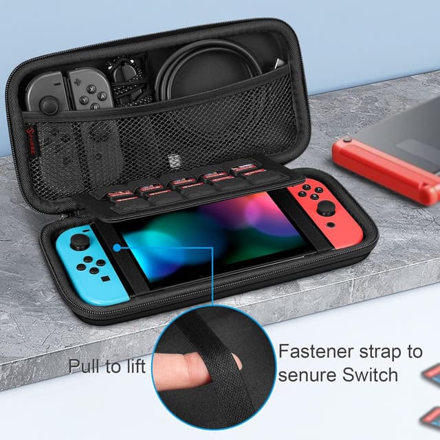 Detalle de FINTIE Tasche für Nintendo Switch 2017 und Switch OLED 2021 – EVA-Hülle mit 10 Kartenhaltern und Tragegurt