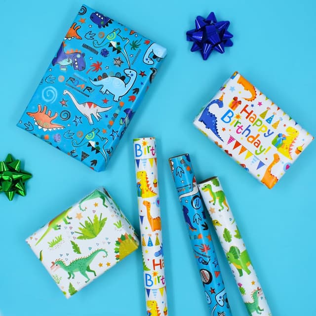 Detalle 2 de 3 Rolls Dinosaur Wrapping Paper (43cm x 3m) — Kids Recyclable Gift Wrap for Birthday, Baby Shower & Parties