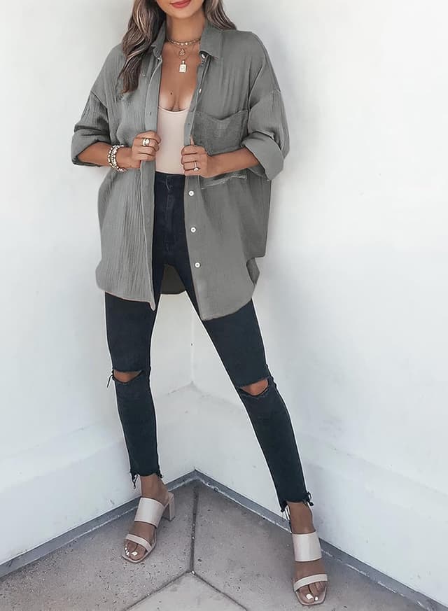 Detalle de Dokotoo Damen Musselin Langarmbluse mit Knopfleiste und Farbblock-Design (S–XXL)