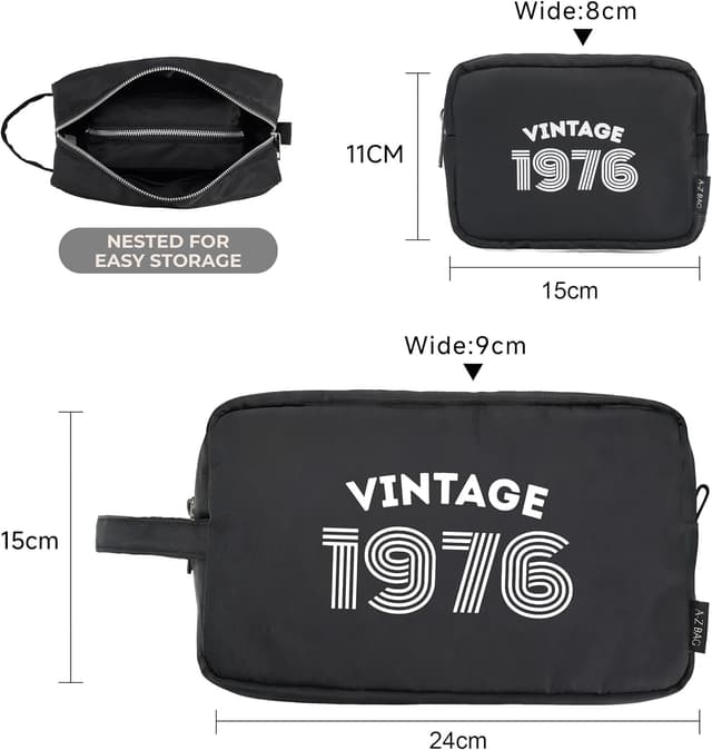 Detalle de A-Z BAG Set regalo 8 borse da toilette con stampa vintage (1966-2026) – Nero 1986