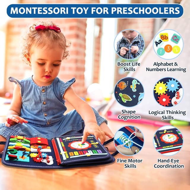 Detalle de Qizfun Montessori Busy Board & Busy Book for Toddlers (Blue/P4) – Screen-Free Travel Sensory Learning Toy