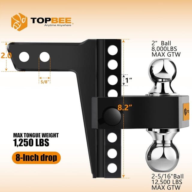 Detalle 2 de TOPBEE Adjustable Trailer Hitch with 2-inch Receiver, 8-inch Drop and Dual Hitch Balls (12,500 LB)