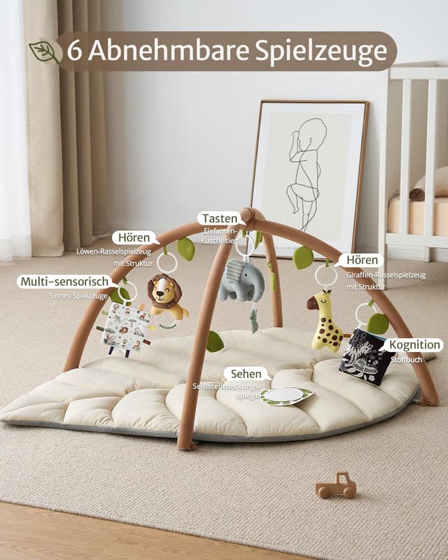 Detalle de Blissful Diary Spielbogen Baby – übergroße Blattförmige Spieldecke mit 6 abnehmbaren Spielzeugen