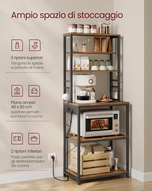 Detalle de VASAGLE KKS124K01 scaffale da cucina con ciabatta e supporto microonde, 6 ripiani e 6 ganci