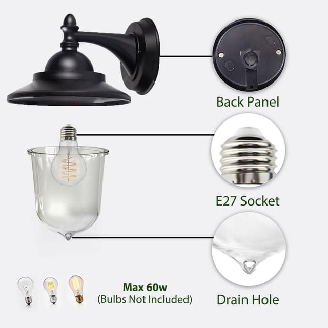 Detalle de EBION Coach Lantern Outdoor Wall Lights – Traditional vintage retro black coach lantern wall lamps (bulbs not included)